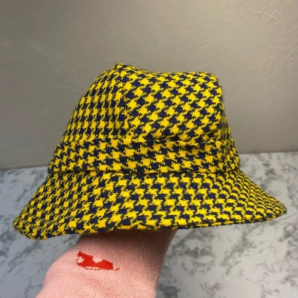 Vintage Preppy Trendy Yellow & Purple Houndstooth Print Reto Bucket Hat - Picture 5 of 11